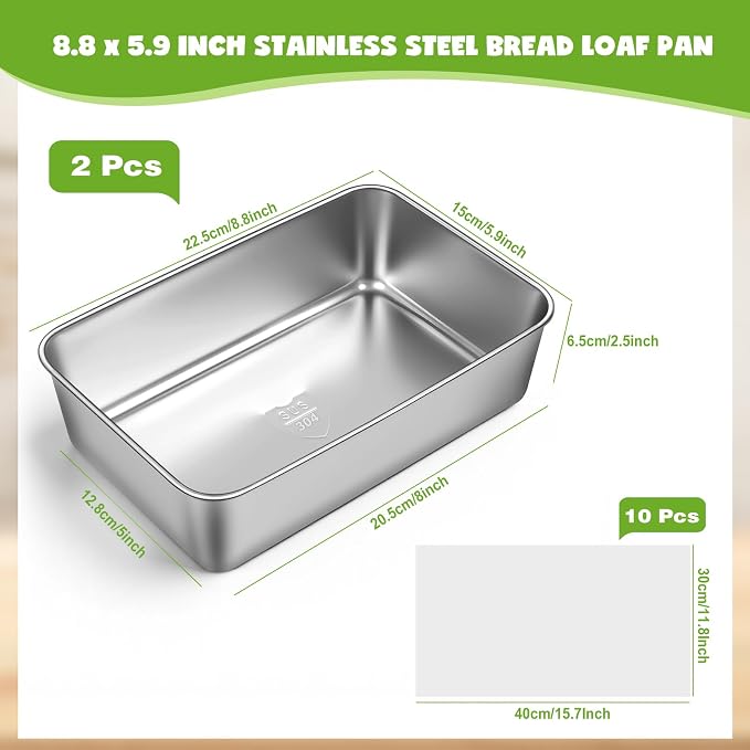 8.8 × 5.9 Inch 304 Stainless Steel Loaf Pans for Baking Bread, Set of 2 Heavy Duty Metal Bread Pan, Oven & Dishwasher Safe Bakeware for Meatloaf, Cake & Brownies, Even Heat Baking Performance
