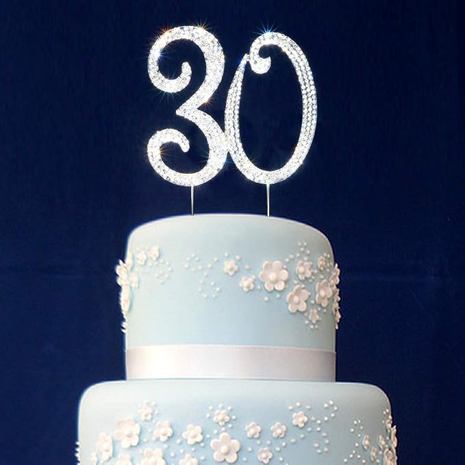 Scotamalone 30 Cake Topper Silver Premium Bling Rhinestone Diamond Gems 30th Birthday or Anniversary Party Decoration Ideas