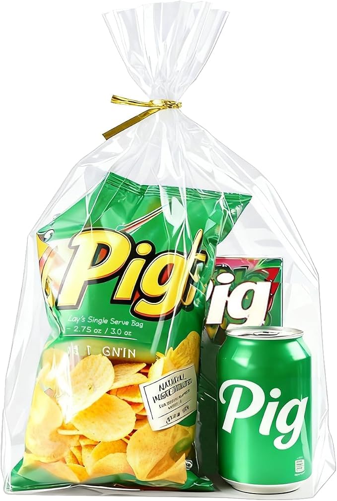 PigPotParty Cellophane Bags 10x14 Inch, 100 Pack Clear Plastic Gift Bags with Bottom Gusset for Stand-Up Display, Medium Cello Wrap for Large Goodies, Treats, Party Favors, Mugs, Includes 100 Ties