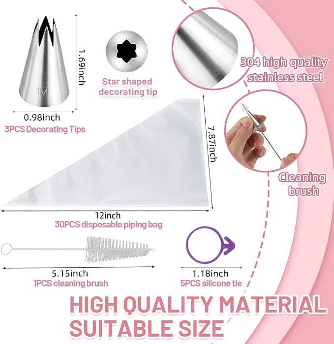 3Pcs Large Tip Siz 1M Star Piping Tip and Piping Bags Set, | with 30PCS Piping Bags,1M Piping Tips,Open Star Shape,for classic cupcakes rosette cake decorating,Merengue Cookies