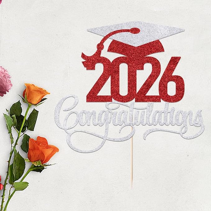 Silver-red 2026 Congratulations Graduation Cake Topper,Congrats Grad Cake Decor - 2026 High School/College/Senior Graduation Party Decorations Supplies
