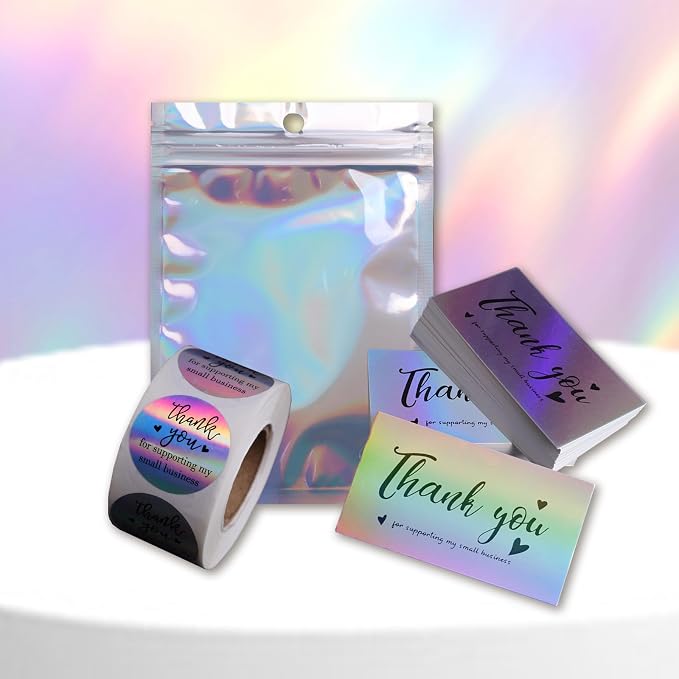 620pcs Thank You Business Cards & Stickers Set - Gold Foil, 100 Cards, 500 Stickers, 20 Resealable Bags (Holographic)
