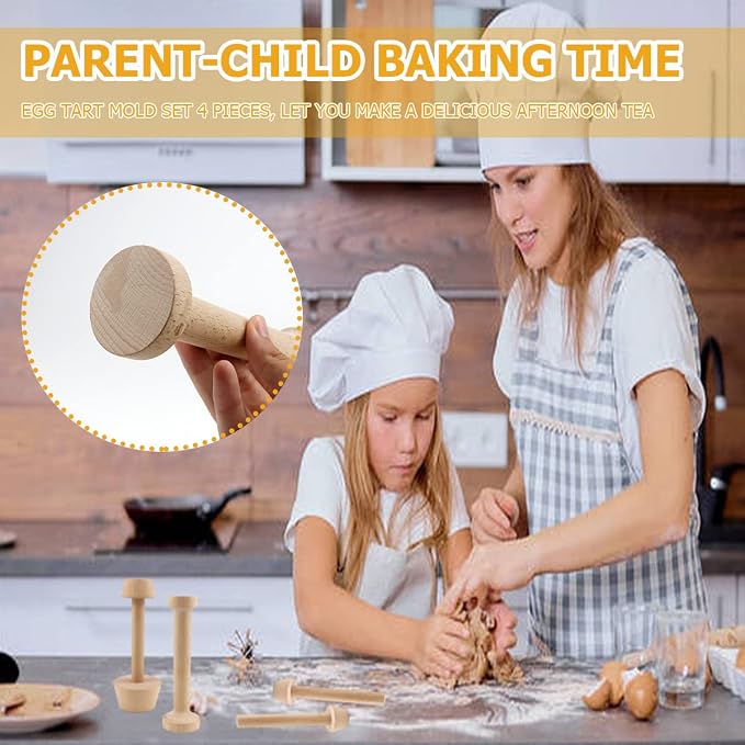 DOERDO 4Pieces Wooden Tart Tamper Set Double-Side Egg Tarts Tamper Pastry Tools DIY Cake Pastry Tool for Mini Egg Tart Cheesecakes Dessert Baking