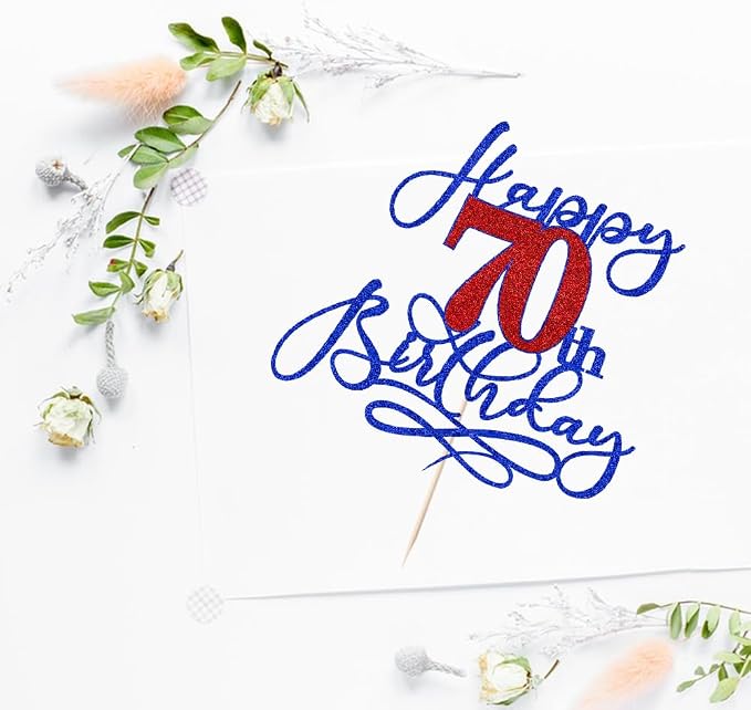 Happy 70th Birthday Cake Topper,Deep blue font red Numbers 70th Birthday Cake Decoration,Hello 70, Cheers to 70 Years/70th Anniversary,70& Fabulous Party Decoration
