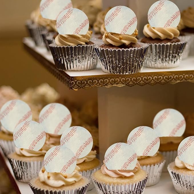 48PCS Edible Baseball Balls Cupcake Toppers Edible Baseball Cake Decorations Sport Ball Theme Cupcake Picks for Sports Ball Theme Baby Shower Birthday Party Cake Decorations Supplies