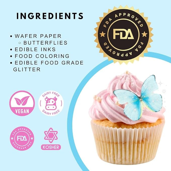 Edible Butterflies with Edible Glitter Kit - Wafer Paper Butterflies for Cakes - Cake Decorations - Cupcake Decorations - Cake Toppers (Paradise Blue)