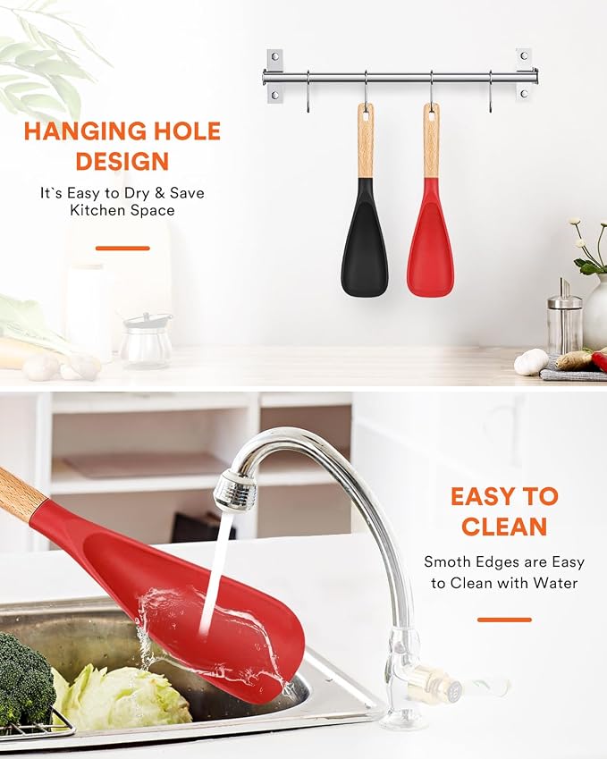 Cooking Spoon for Nonstick Cookwares, Great for Cooking and Serving Sturdy BPA-Free Matte Silicone, Wood Handle Spoon for Mixing, Scoop, and Scrape (Black & Red, 11.4 inch)