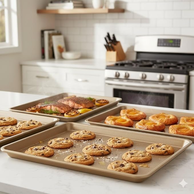 4 Pieces Baking Set | 3 Baking Pans & 1 Recipe Notebook Combo | Nonstick Cookie Sheets for Baking Supplies | No Rust & No Toxic Heavy Duty 3 Baking Trays 18''+15''+13'' & 1 Blank Recipe Book