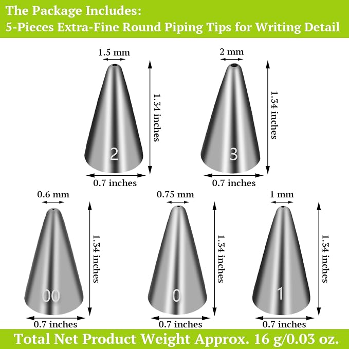 Suuker Extra-Fine Round Piping Tips Set, 5 Pieces | Seamless Stainless Steel, Small Icing Tips, Cake Decorating, Cake Writing Tool