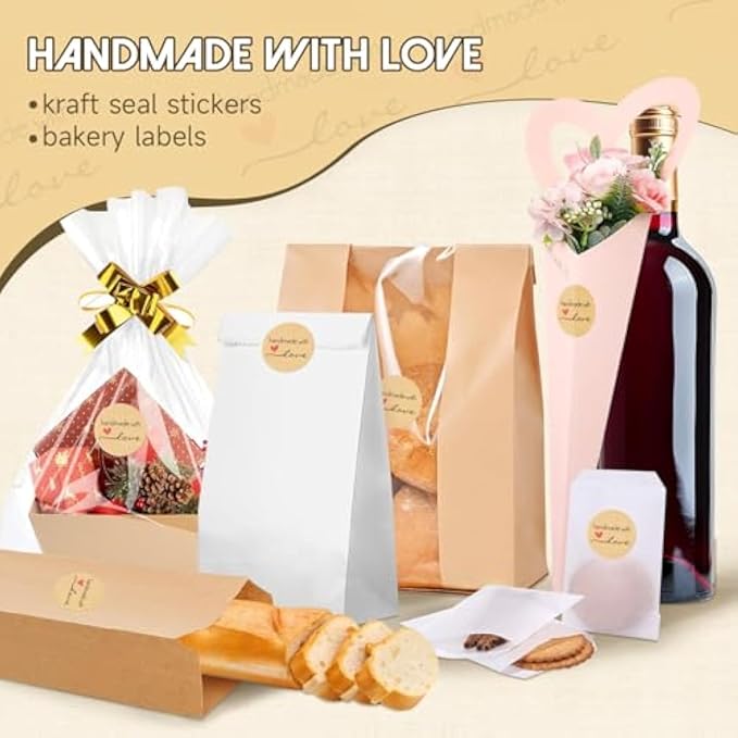500 Pcs Handmade with Love Stickers,Cartoon Handmade with Love Round Baking Sticker,Self-Adhesive Label Decor,for Baked Packaging Envelope Homemade Gift(1 inch)