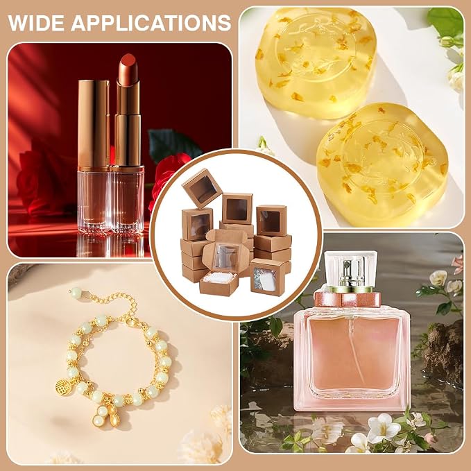 BENECREAT 30pcs Square Kraft Paper Boxes, Gift Boxes with Clear PVC Window for Wedding Gift, Chocolates, Cookies and Other Small Crafts, 3.6x3.6x1.57 Inch