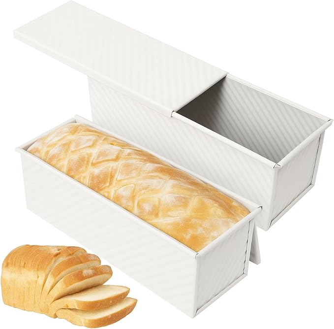 2-Pack Beige Pullman Loaf Pan with Lid, Long Nonstick Bread Pan for Toast & Sandwich Bread, Cream White Nonstick Loaf Pan, 3 Vented Holes & Ridged Design, Great for Baking Lovers and Home Use