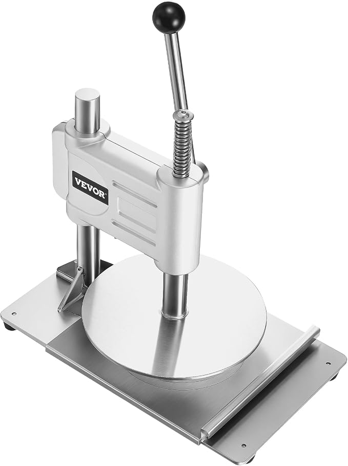 VEVOR Manual Pizza Dough Press Machine, 9.5 inch Pizza Pastry Press Plate, Stainless Steel Bread Presser, Commercial Chapati Sheet Crust Maker, Forming Machine with Handle and 100 Pcs Parchment Paper
