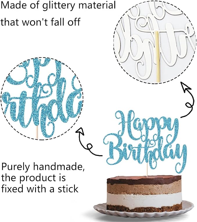 Happy Birthday Cake Topper- Glitter Happy Birthday Cake Decor, Handmade Anniversary/Birthday Party Supplies (Light blue)