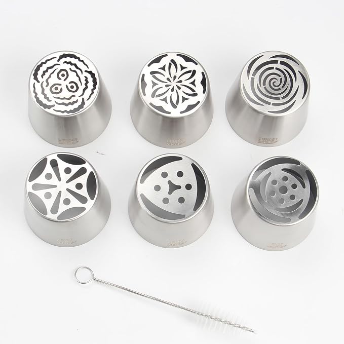 Extra Large Russian Piping Tip Set - 6 Stainless Steel Marshmallow Buttercream Framing Nozzles for 3D Roses Tulip Cake Decorations and Marshmallow Bouquets, Includes 1 Cleaning Brush(6D)