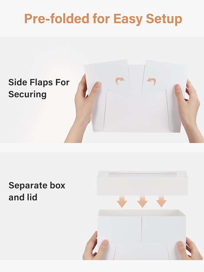 Kootek 10 Sets Cake Boxes with Cake Boards, 10x10x8 Inch White Tall Cardboard Containers for Multi-Layer Desserts, Perfect for Decorating, Mother's Day & Bakery Use