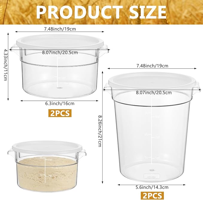4-Piece Dough Fermentation Buckets with Lids - Dual Sizes (2Qt & 4Qt) Clear Baking Fermentation Tubs, Airtight Dough Proofing Containers for Bread, Pizza, Sourdough & Overnight Cold Ferment