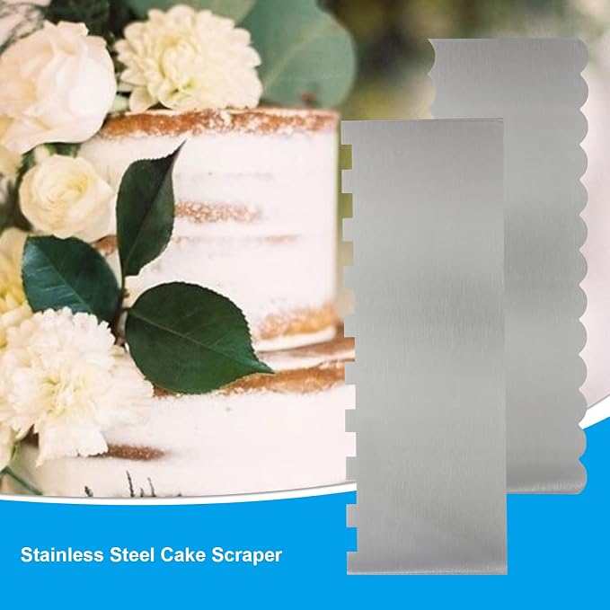 Cake Scraper - 2 Pack 8.6 Inch Stainless Steel Cake Decorating Tool, Double Sided Smooth & Patterned Edge for Buttercream, Fondant, Mousse