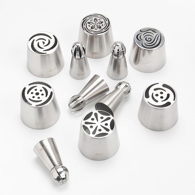 11Pcs Extra Large Russian Piping Tips Set, Stainless Steel Icing Nozzles for Buttercream Flowers 6 XXL and 5 Round Piping Tips for DIY Cookies Desserts Cake Decoration Baking Tools (11-Pack)