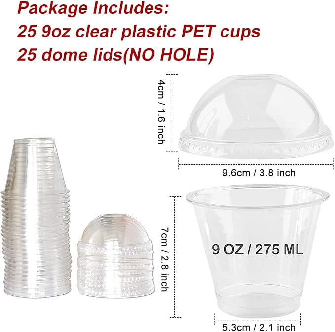 9 oz Clear Plastic Cups with Dome Lids - Dessert Cups with Lids(25 Sets), PET Disposable Party Cups (NO HOLE), Parfait Crystal for Pudding/Ice Cream/Cupcake