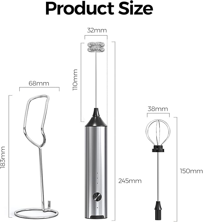 YARRAMATE Rechargeable Milk Frother with Stand, Coffee Frother Stirrer Wand, Handheld Drink Mixer with Stainless Steel Whisk, Electric Whisk Foam Maker for Lattes, Cappuccino, Matcha, Protein Powder
