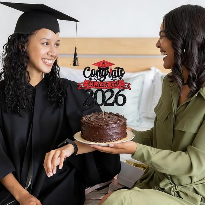 Glitter Class of 2026 Cake Topper,Congrats Grad Decorations, 2026 Happy Graduation High School/College/University Graduation Party Supplies Black and Red