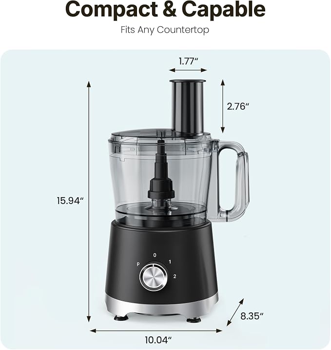 DUMOS Food Processor 10.5 Cup, 600W Electric Vegetable Chopper with French Fry Slicer, Dough Mixer, Dishwasher Safe Parts for Family Meals, Vegetables, Fries, Cheese, Puree