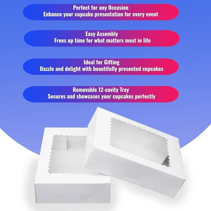 Pre-folded 12 count Cupcake Boxes, 15-Set Cupcake Container with Window Transport Holders Holding 180 pastry Box for Birthday, Holiday, Party Bakery Supplies 12.8" x 9.8" x 3.54" (White-15 Pack)