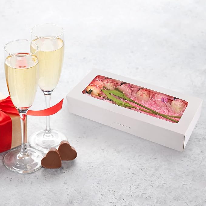 RIFMEAE 24-Pack 14" x 6" x 2.5" Cookie Boxes, Bakery Boxes with Window, Strawberry Boxes, Auto-Popup Treat Boxes for Strawberries, Cookies