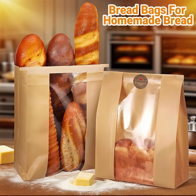 Sourdough Bread Bags with Tin Tie Lock - 60 Pack 11.8 x 3.5 x 4.7 Inch Paper Bread Bags for Homemade Bread Cookie Bags with Clear Window 500 Labels Bakery Bags for Bread Storage Baked Goods Packaging
