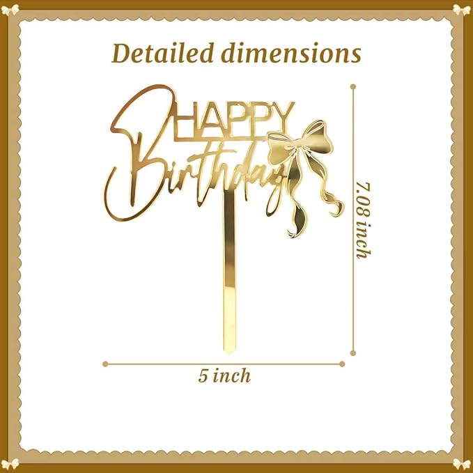 Golden Bow Happy Birthday Cake Topper Mirrored Acrylic Happy Birthday Cake Plugin Party Sign Decoration