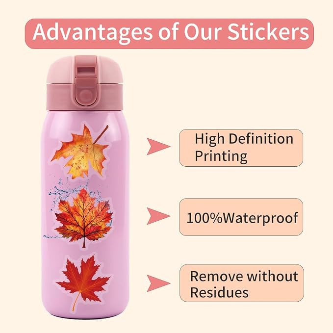 Maple Leaf Stickers Pack, 60PCS Colorful Transparent Sticker Waterproof PET Stickers for Laptop, Stationery, Luggage, Scrapbooking, Water Bottles, Gifts Party Decorations