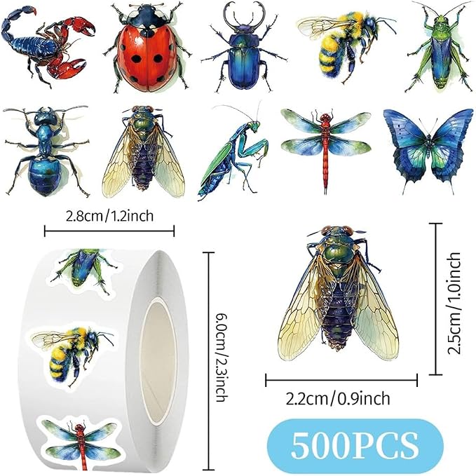 Insect Stickers Roll, 500Pcs 1inchBug Stickers Ladybug Bee Butterfly Dragonfly Scorpion Beetle Ant Cicada Mantis Aesthetic Decals for Scrapbooking Water Bottle Laptop Party Favors