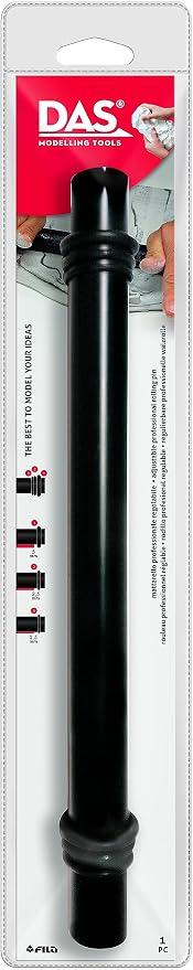 DAS Professional Rolling Pin - 12-Inch Solid Plastic Rolling Pin with 3 Adjustable Rings in Sizes 2.5, 3.5 and 5mm - Easy to Clean Black Clay Roller - Convenient Clay Rolling Pin for All Clay Types