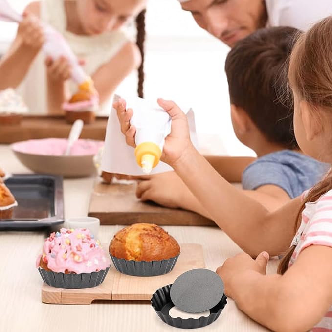 12 Packs Egg Tart Mold, 3" Mini Tart Pans Removable Bottom, Reusable Non-Stick Cupcake Cake Muffin Mold, Mini Pie Pans Set For Baking (Black)