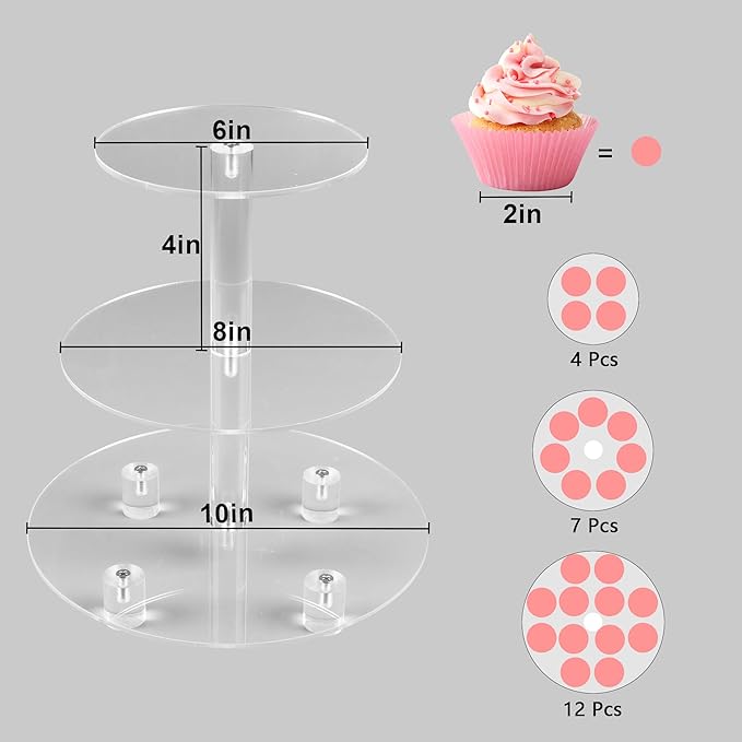 YestBuy 3 Tier Round Cupcake Stand with Base, Acrylic Cake Stand, Cupcake Tower Stand, Premium Cupcake Holder for 23 Cupcakes, Display for Pastry Wedding Birthday Party (4" Between 2 Layers)