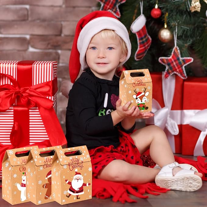 JOICEE Christmas Kraft Paper Gift Boxes 24pcs Xmas Goodies Treat Candy Bags Boxes for Christmas Party Favor