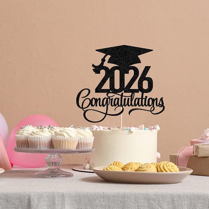 Black Glitter 2026 Congratulations Graduation Cake Topper,Congrats Grad Cake Decor - 2026 High School/College/Senior Graduation Party Decorations Supplies (2026Congratulations black)