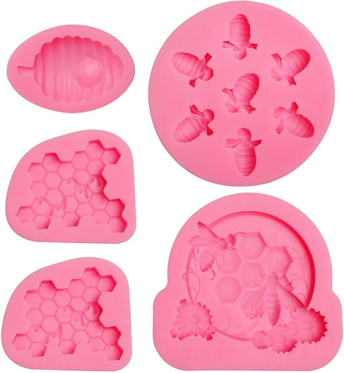 Honeycomb Silicone Chocoolate Molds, 5 Packs HoneyBee Fondant Molds for Honey Theme Cake Decoration, Cupcake Tooppers for Birthday Wedding Party Clay Resin