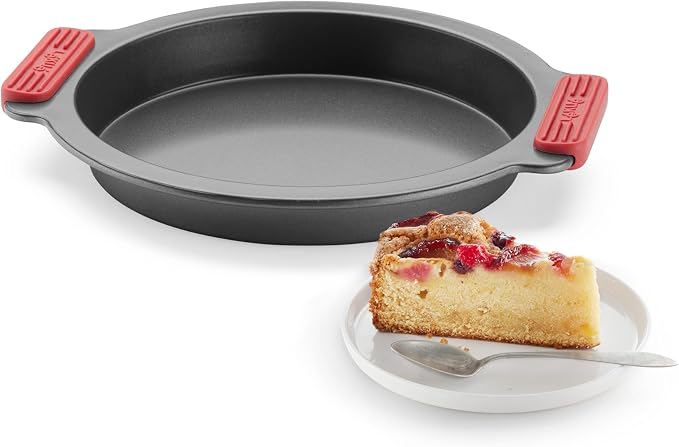 Lékué Non-Stick Round Cake Mold - Carbon Steel Oven Baking Pan with Platinum Silicone Handles, Even Heat, Dual Non-Stick Ceramic Coating, Scratch Resistant, PFOA & PFA-Free, 11.6 x 10.4 x 1.7"