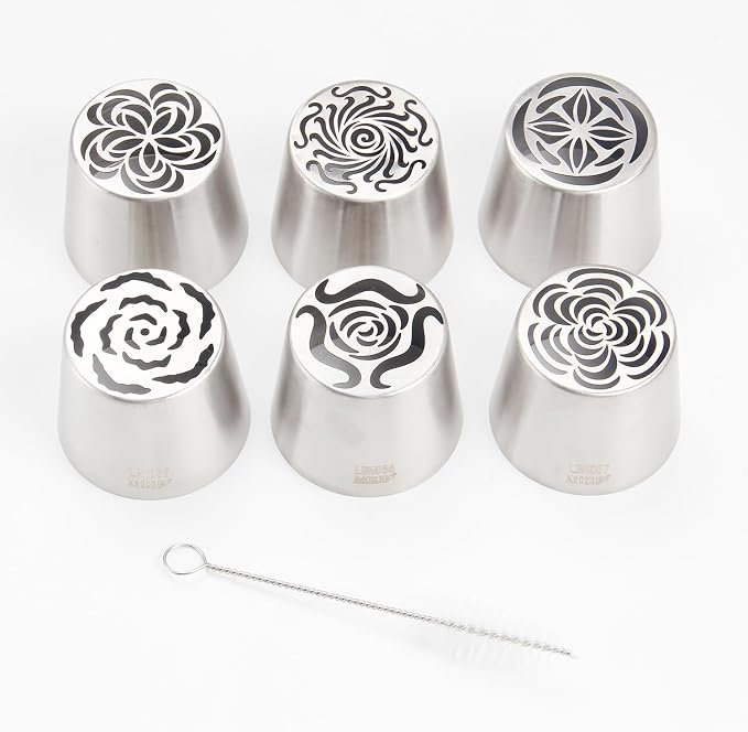 Extra Large Russian Piping Tip Set - 6 Stainless Steel Marshmallow Buttercream Framing Nozzles for 3D Roses Tulip Cake Decorations and Marshmallow Bouquets, Includes 1 Cleaning Brush(6F)