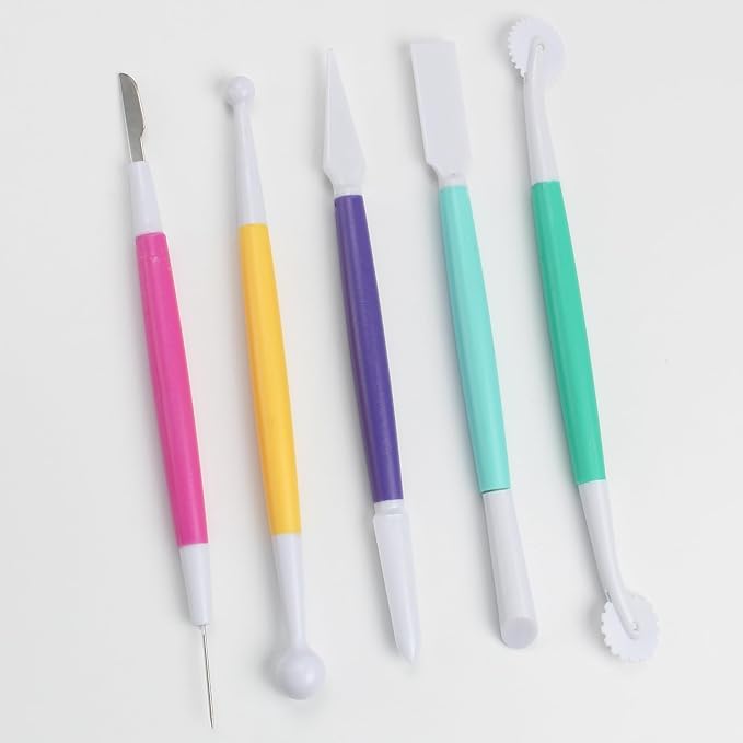 5-Piece Cake Decorating Sculpting Kit, DIY Fondant & Gum Paste Modeling Tools for Cake, Cookie Decorating, Includes 1 Ball Tool, 1 Rolling Pin, 1 Smoother, 1 Cutter, 1 Veining Tool