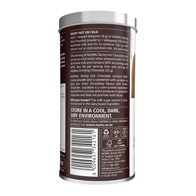 NOMU Skinny Cocoa Hot Chocolate, 33 Servings, No Sugar Added, 20 Calories, Rich Chocolate Flavor, Keto-Friendly, High Protein