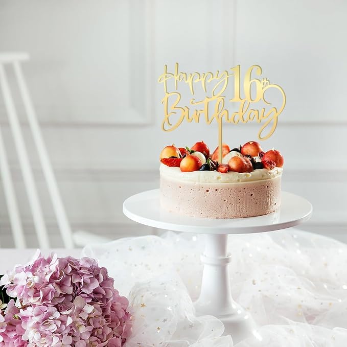 Happy 16 th birthday cake Topper,Mirrored Gold Acrylic Durable Cake Topper,16th Birthday Party Cake Decorations, Hello 16th years old, Happy sixteen years old, Birthday Party Decorations