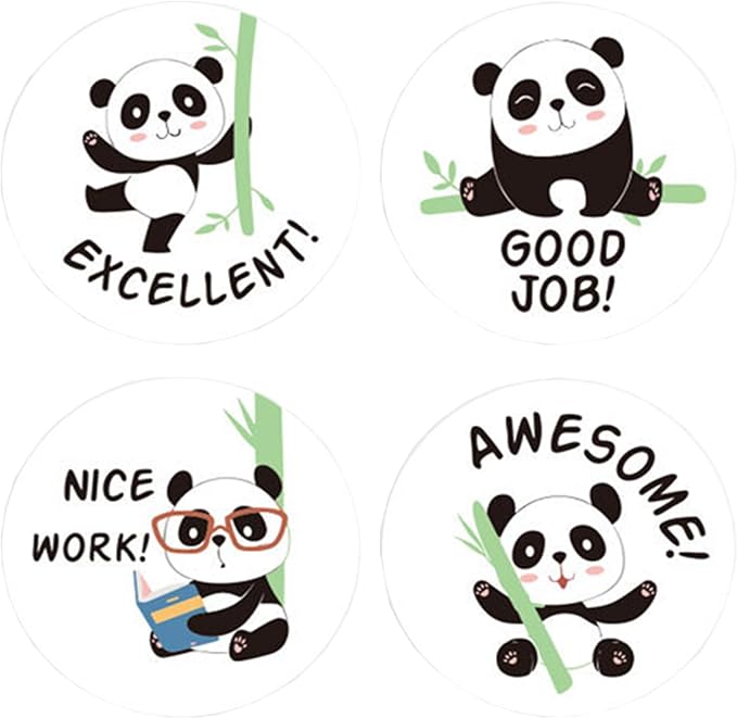 500PCS Panda Reward Stickers Roll, 1 Inch 8 Styles Round Cute Animal Panda Bamboo Kindergarten Teacher Motivational Stickers Supplies for School Classroom Home