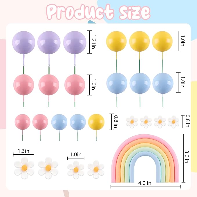 Rainbow Cake Topper 26Pcs Macaroon Balls Cake Decorations with Flower Groovy Cake Toppers Daisy Themed Cake Decorations Colorful Ball Cupcake Cake Decor for Girl Bohemian Hippie Wedding Party