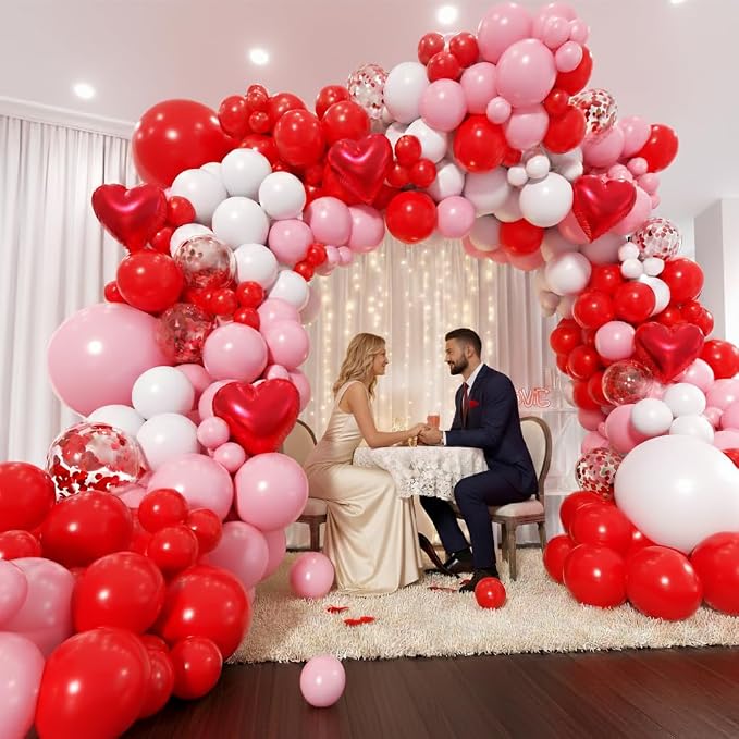 Valentines Day Balloons Garland Arch Kit - Different Size Red Pink White Balloons and Heart Foil Balloons for Valentine's Day Galentine's Day Engagement Anniversary Party Decoration Supplies