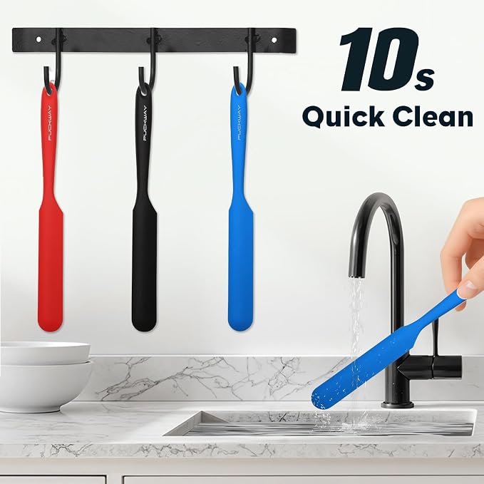 3pcs Silicone Jar Spatulas 10in Long Skinny Heat-Resistant, Narrow Spatula Set for Scraping Peanut Butter, Sourdough, Jam in Small Containers, Blenders & Baking (Black & Red & Blue)