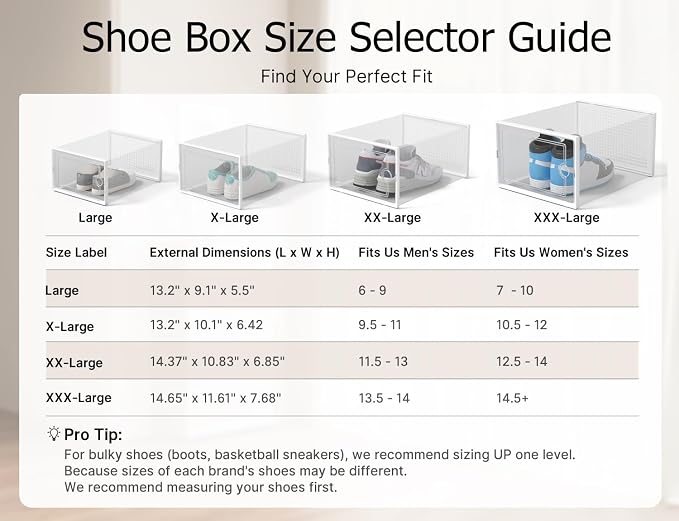 Kuject XX-Large Shoe Storage Boxes Organizers Clear Plastic Stackable 12 Pack, Shoe Rack & Holder Substitute, Sneaker Containers, Shoe Storage Organizer Bins for Closet, Under Bed,White(No Fold Line)