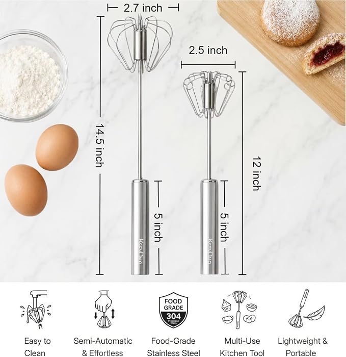 KSENDALO SUS304 Stainless Steel Whisk & Beater Set - Manual & Automatic Handheld Easy Semi-Auto Mixer for Cooking - 12 & 14inch Frother Spinner, Mixer & Stirrer for Eggs, Hand, and Milk